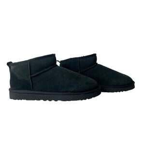 UGG Plush Ankle Bootie Womens 11 Black Suede Comfort Casual Sheepskin Lining New